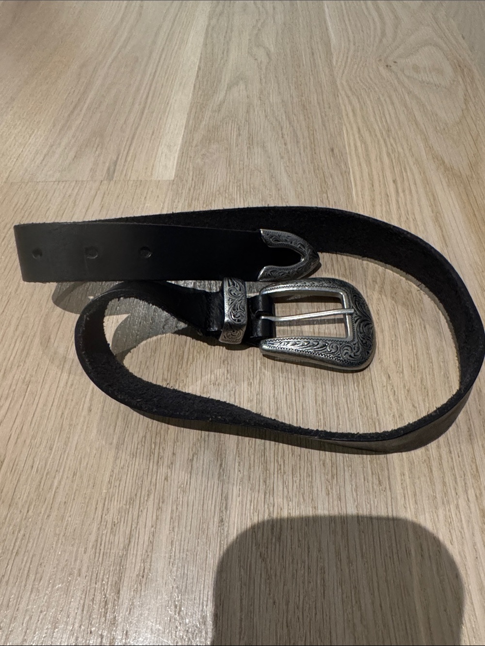 Black Leather Women's Belt with Engraved Silver Buckle